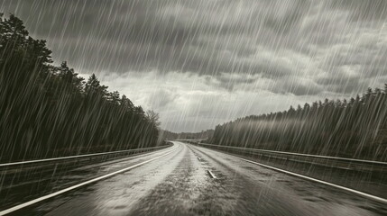 Heavy rain and hailstorm on an empty highway, with raindrops and hailstones hitting the road, dark and moody