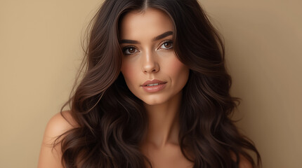 Naklejka premium Portrait of a refined woman with flowing dark brown hair, exuding elegance in a minimalist setting with a warm tone