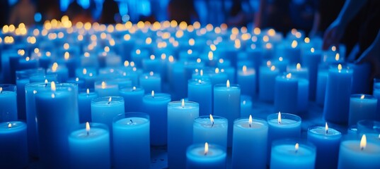 Obraz premium Sea of Blue Close Up Candles Illuminating Solidarity at Large Awareness Artistic Gathering