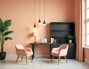 A modern and minimalist home office with a black desk, two pink armchairs, and a large potted plant in the corner.