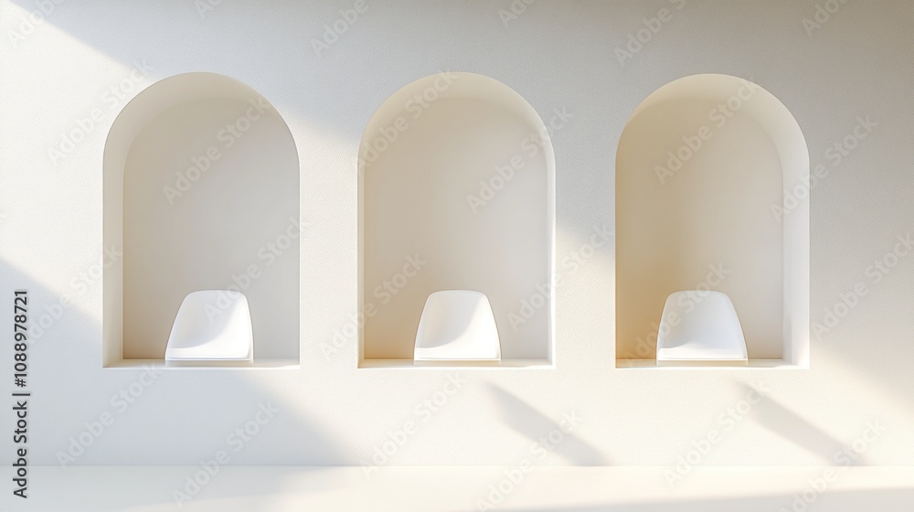 Poster minimalist interior with three arches and white chairs, emphasizing simplicity and space.