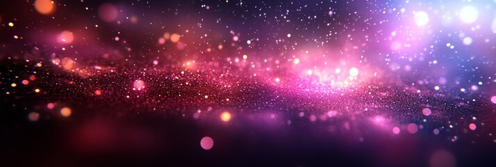 Abstract glitter background with shining purple and pink lights creating a magical and festive bokeh effect