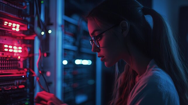 Technician adjusting cables in server room with focused expression