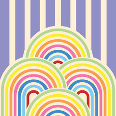 A vibrant retro-inspired pattern featuring overlapping rainbow arches in pastel shades, set against a vertical striped background with soft purple and cream tones. Perfect for vintage-themed designs, 