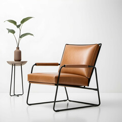 Fototapeta premium A caramel leather chair with thin black metal legs, set against a clean white background.