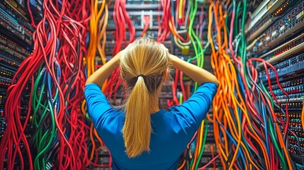 Organizing server cables, female technician manages colorful wires