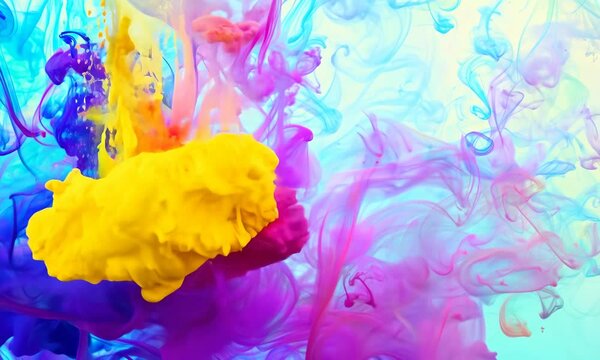 Clubs of multicolored neon smoke, ink. An explosion, a burst of holi paint. Abstract psychedelic pastel light background