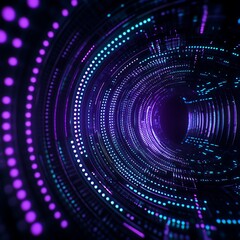 Abstract Futuristic Tunnel with Neon Lights and Digital Patterns, Infinite Perspective, Vibrant Colors of Blue and Purple, High-Tech Design Element