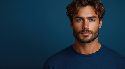 Obraz premium Handsome man with blue eyes and wavy hair, against a dark blue background.
