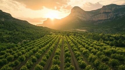 Fototapeta premium Breathtaking Sunset Over Lush Orchard Landscape Surrounded by Majestic Mountains and Rolling Hills, Capturing the Serenity of Nature's Beauty at Dusk