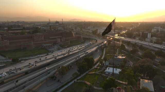 Aerial Video of Peshawar, Pakistan. Bala Hisar Fort and traffic in Peshawar Pakistan, City Center Drone evening Shot