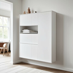 Fototapeta premium A wall-mounted unit in all-white, featuring concealed compartments for a clutter-free aesthetic.