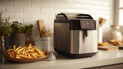 Modern kitchen scene featuring a stylish air fryer alongside a plate of crispy golden fries, showcasing the convenience of home cooking and contemporary design elements in culinary preparation.