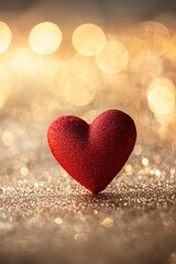 Obraz premium One red heart on a glittering background with bokeh lights, a romantic Valentine's Day background, a love concept. 