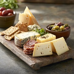 Gourmet cheese board featuring unique cheeses, crackers, and olives