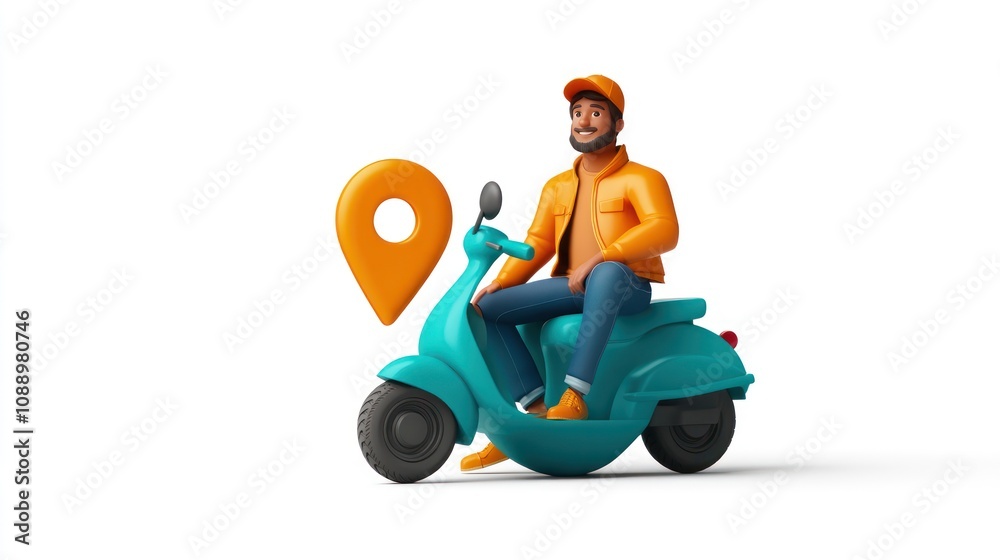 Poster a cartoon character riding a scooter with a location pin, symbolizing delivery or navigation.