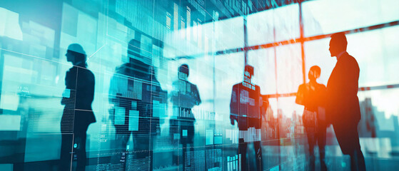 diverse team collaborating in modern office environment, showcasing silhouettes against digital backdrop. atmosphere is dynamic and innovative