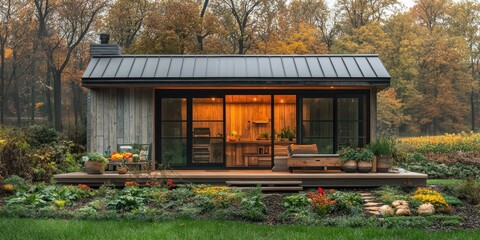 Cozy autumnal garden shed with illuminated interior, wooden deck, and metal roof.