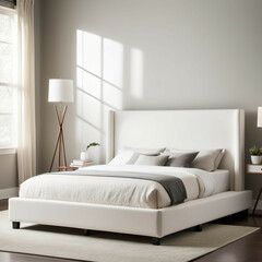 A low-profile bed with a white upholstered headboard and platform base.