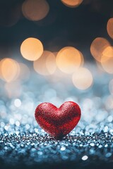 Obraz premium One red heart on a glittering background with bokeh lights, a romantic Valentine's Day background, a love concept. 