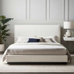 A low-profile bed with a white upholstered headboard and platform base.