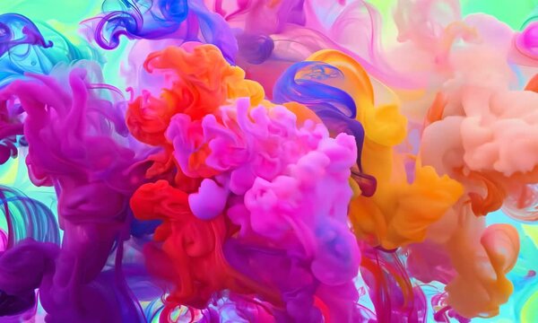 Clubs of multicolored neon smoke, ink. An explosion, a burst of holi paint. Abstract psychedelic pastel light background