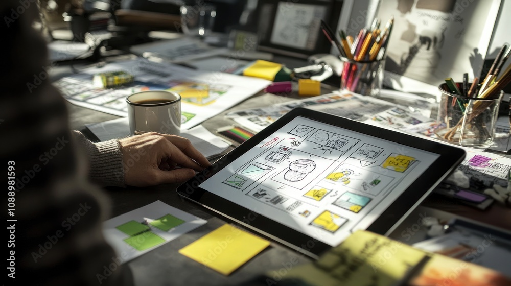 Poster a workspace with sketches on a tablet, coffee, and colorful stationery for creative projects.