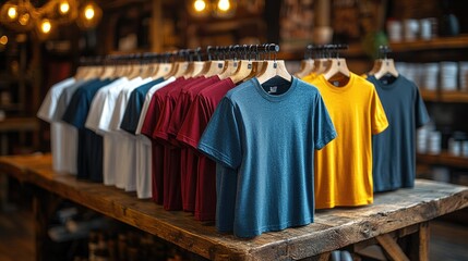 Naklejka premium Colorful t-shirts displayed on rustic wooden table in a shop.