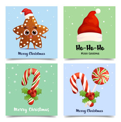 Happy holidays greeting card set. Christmas concept with cartoon gingerbread, Santa hat and lollipops.