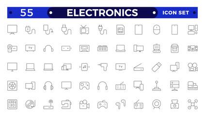 Electronics outline icons. Vector illustration include icon - hardware, keyboard, disk, hvac, kitchen appliances, headphones, router, chip, computer outline pictogram for home devices.