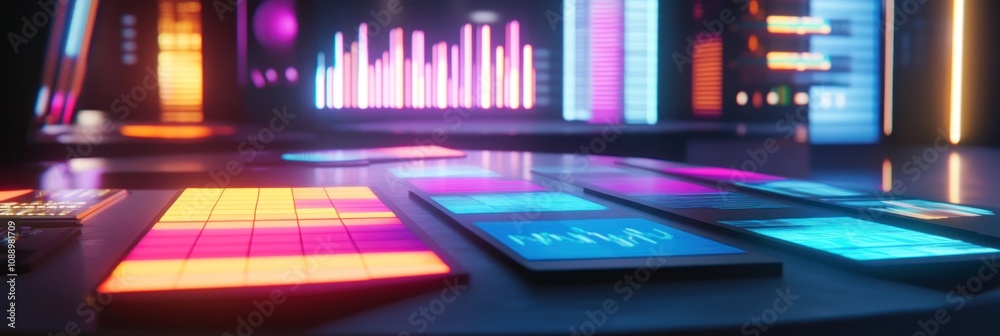 Poster A futuristic workspace with vibrant displays and interactive panels for data visualization.