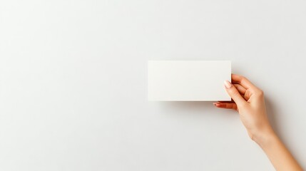 Fototapeta premium A clean white card held by a feminine hand, isolated on a white background with ample space for design.