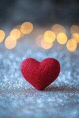 Obraz premium One red heart on a glittering background with bokeh lights, a romantic Valentine's Day background, a love concept. 