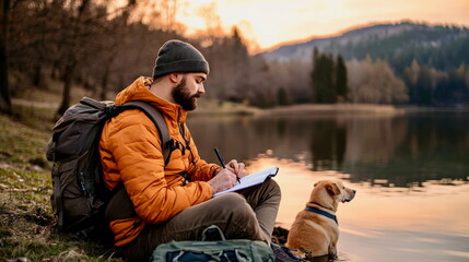 Man sitting by a lake with a journal, writing in nature, peaceful digital detox scene
