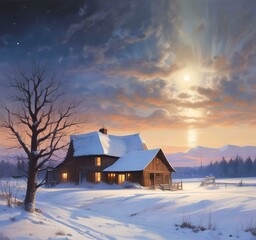 Illustration of barn with winter landscape and mountain behind.
