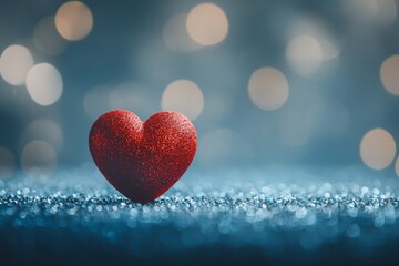 Fototapeta premium One red heart on a glittering background with bokeh lights, a romantic Valentine's Day background, a love concept. 