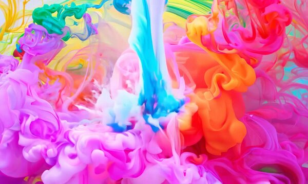 Clubs of multicolored neon smoke, ink. An explosion, a burst of holi paint. Abstract psychedelic pastel light background
