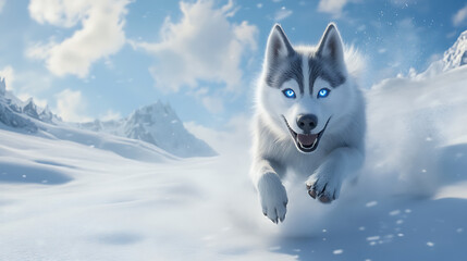 Naklejka premium Joyful Siberian husky with bright blue eyes running in snow
