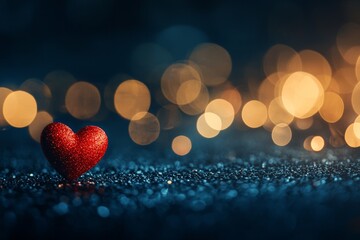 Fototapeta premium One red heart on a glittering background with bokeh lights, a romantic Valentine's Day background, a love concept. 