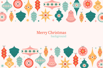 Merry Christmas background with Christmas tree toys collection. Colorful bright Christmas balls. Winter holiday background for congratulations. Vector illustration in flat style