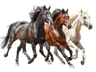 Three horses running together in a field with blown manes isolated on transparent background cutout png