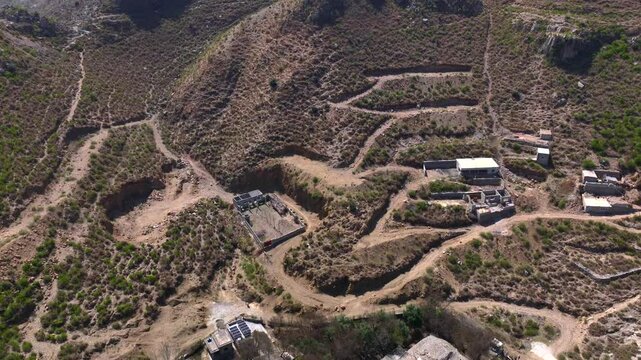 Jaulian ancient Buddhist Stupa and monastery, located in Taxila, Punjab, Pakistan, Asia. Aerial Drone Shot