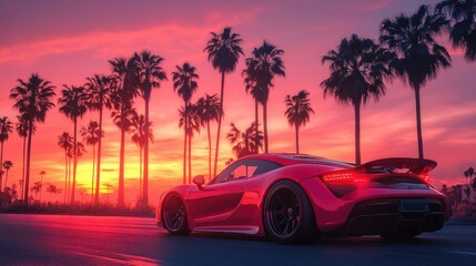 Red sports car at sunset with palm trees.
