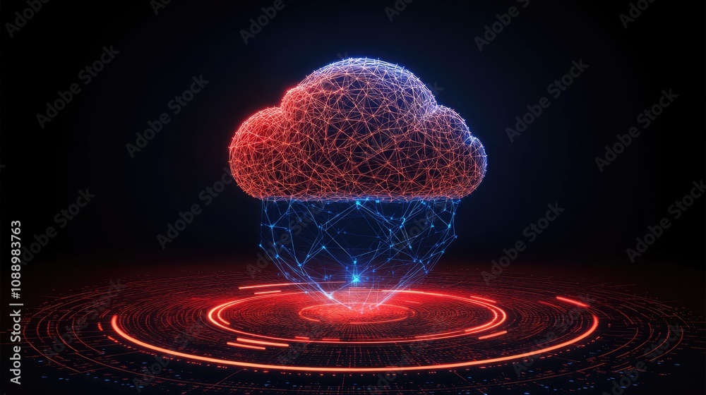 Poster a conceptual digital space with interconnected nodes and a floating cloud icon symbolizing data tran