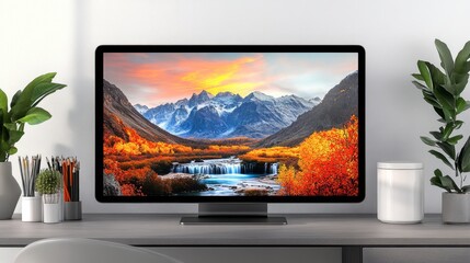 Fototapeta premium Stunning Autumn Landscape Displayed on Modern Monitor, Vibrant Colors of Mountains, Forests, and River under Vibrant Sunset, Perfect for Workspaces and Creative Inspiration