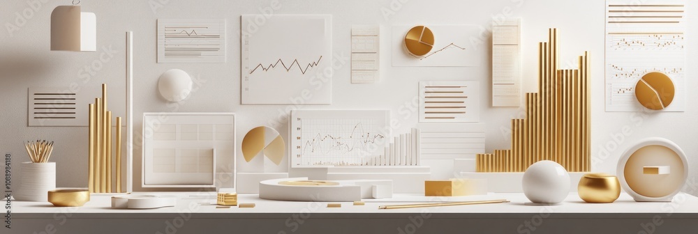 Poster a minimalist workspace featuring charts, graphs, and geometric shapes in white and gold.