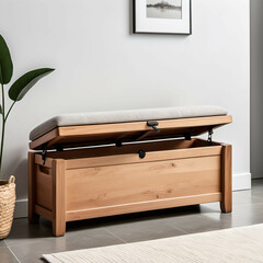 A wooden bench with a liftable seat, offering concealed storage while maintaining clean aesthetics.