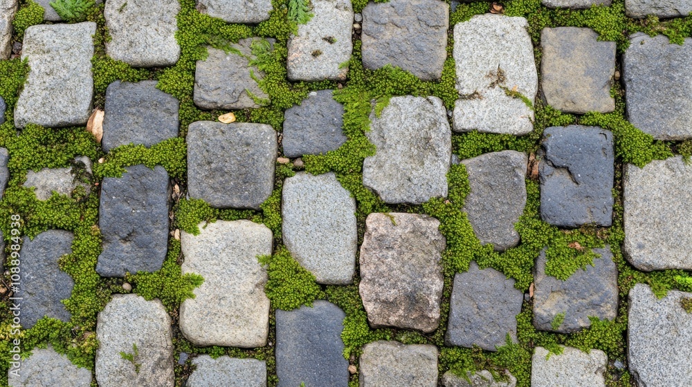 Poster a close-up of cobblestone pavement with patches of green moss between the stones.