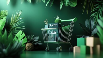 Green friday campaign promotion sustainable shopping shopping cart lush environment close-up view eco-conscious concept