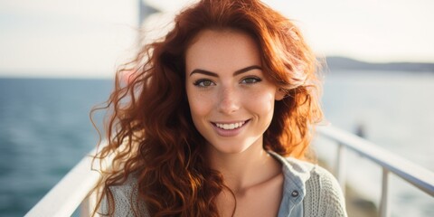 A cute red-haired girl with a beautiful smile poses near the coast on the pier, close-up portrait, Generative AI.